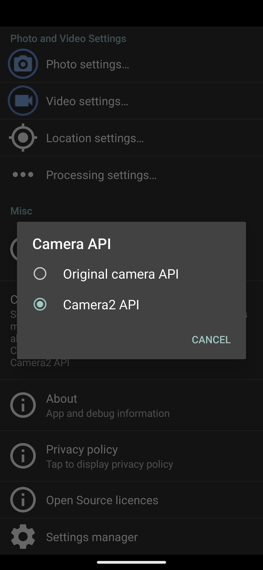 Screenshot of Open Camera settings, set to Camera2 API